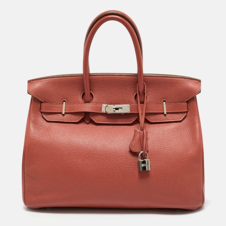 Pre Owned Hermes Sanguine Taurillon Clemence Leather Palladium Finish Birkin 35 Bag