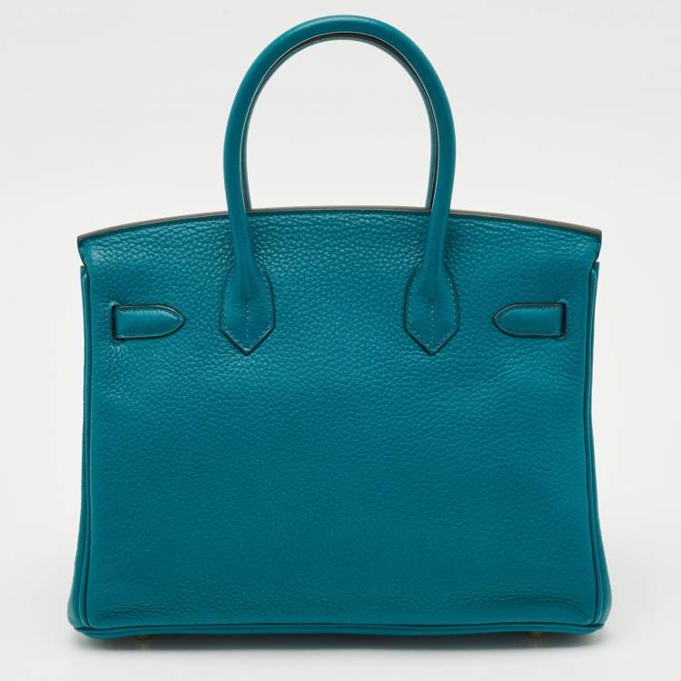 Pre Owned Hermes Blue Izmir Clemence Leather Gold Finish Birkin 30 Bag