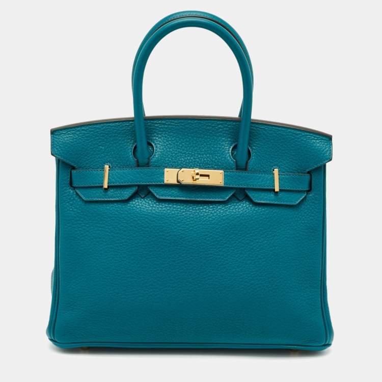 Pre Owned Hermes Blue Izmir Clemence Leather Gold Finish Birkin 30 Bag