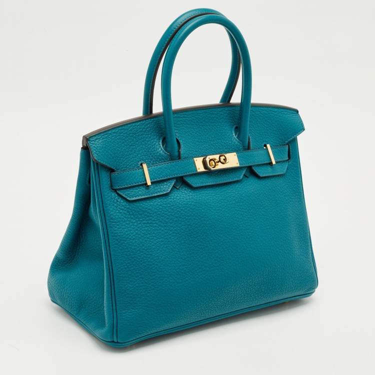 Pre Owned Hermes Blue Izmir Clemence Leather Gold Finish Birkin 30 Bag