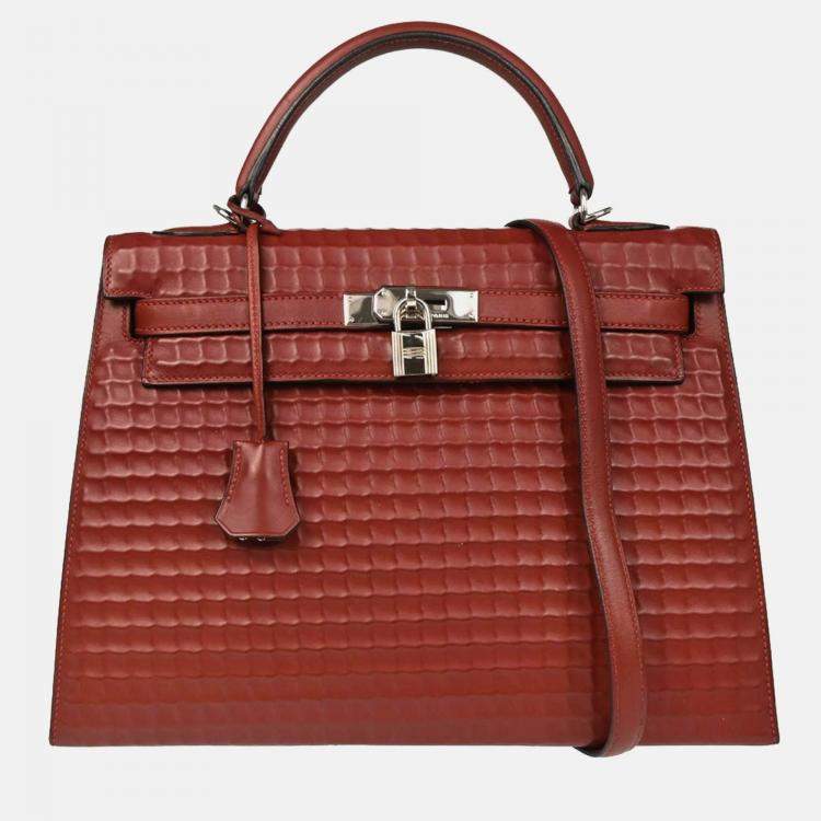 Pre Owned Hermes Kelly 32 Sellier  Rouge H Ever Deutch Waffle Handbag