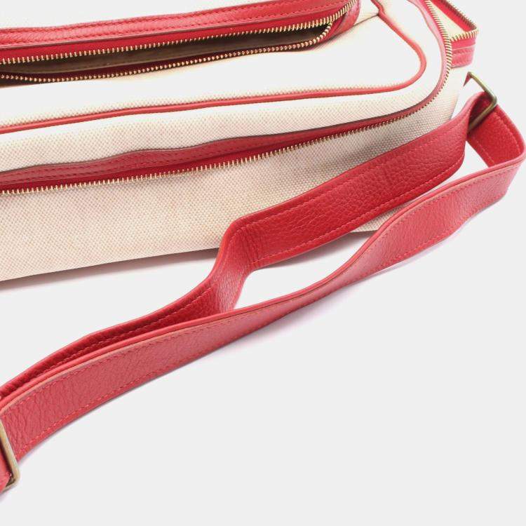 Pre Owned Hermes Victoria Beige Red  Toile H Clemence Leather Shoulder Bag