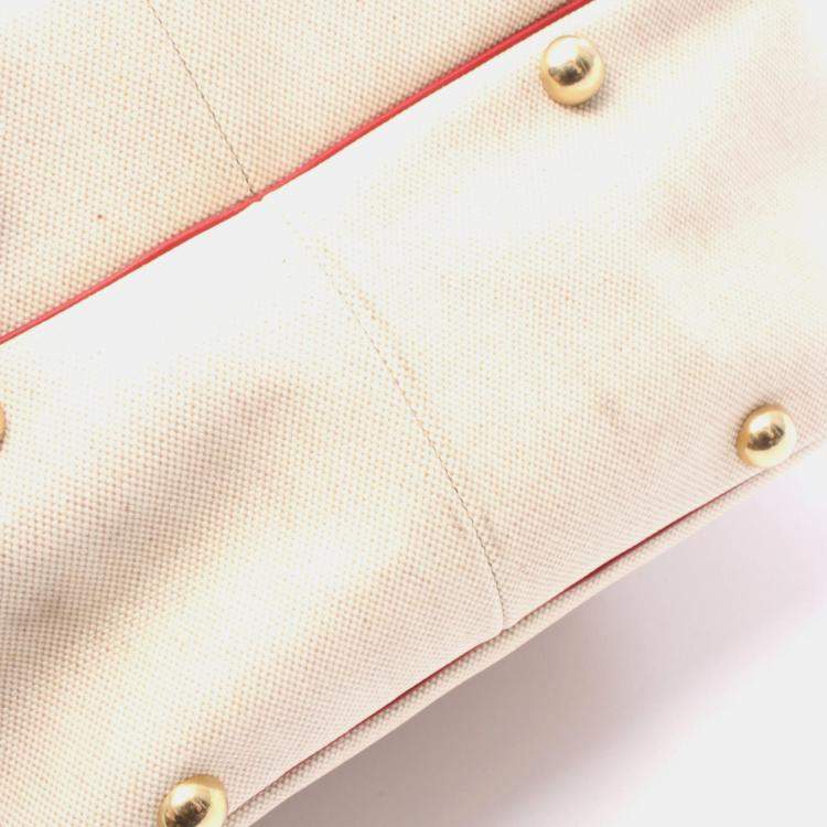 Pre Owned Hermes Victoria Beige Red  Toile H Clemence Leather Shoulder Bag