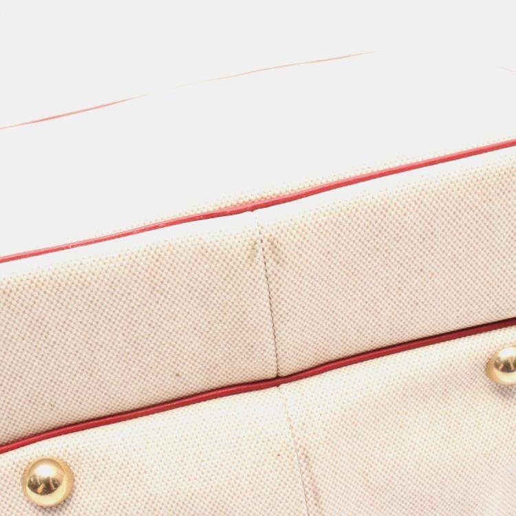 Pre Owned Hermes Victoria Beige Red  Toile H Clemence Leather Shoulder Bag