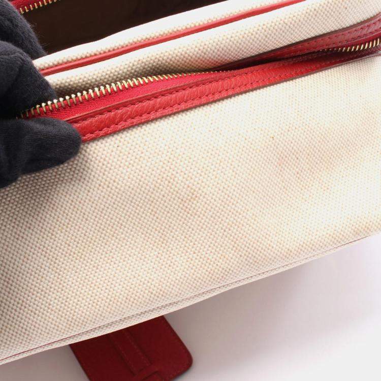 Pre Owned Hermes Victoria Beige Red  Toile H Clemence Leather Shoulder Bag