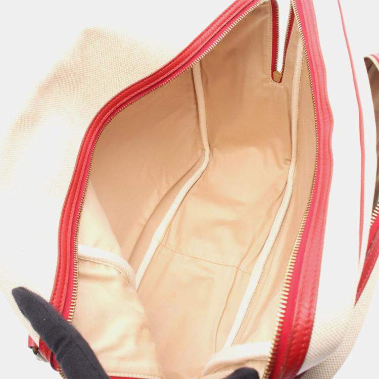 Pre Owned Hermes Victoria Beige Red  Toile H Clemence Leather Shoulder Bag