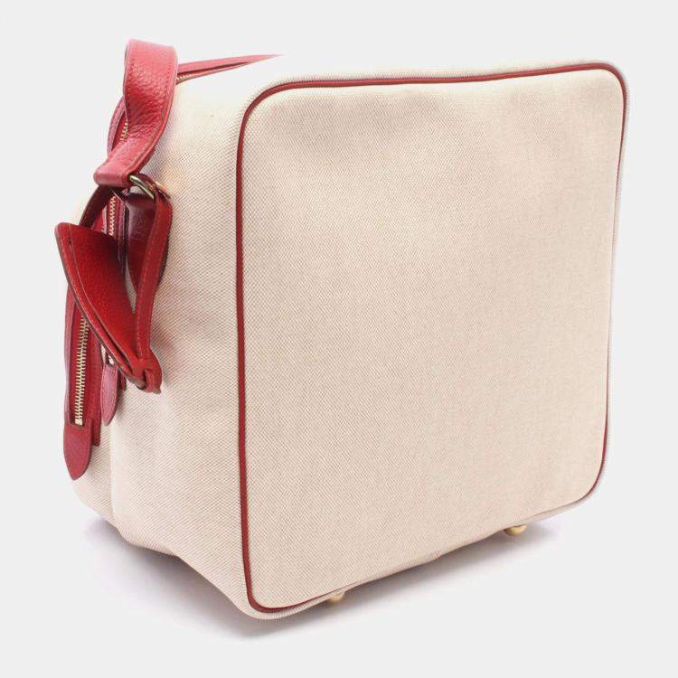 Pre Owned Hermes Victoria Beige Red  Toile H Clemence Leather Shoulder Bag