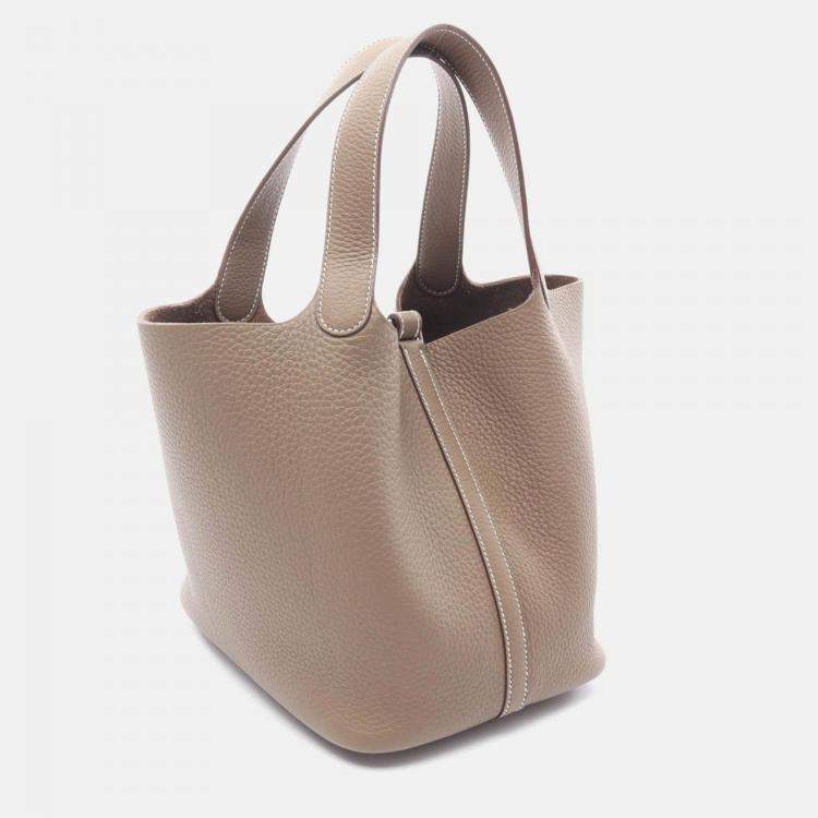 Pre Owned Hermes Picotin Lock 22 Handbag Clemence Leather Etoupe Grey