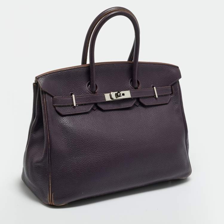 Pre Owned Hermes Raisin Togo Leather Palladium Finish Birkin 35 Bag