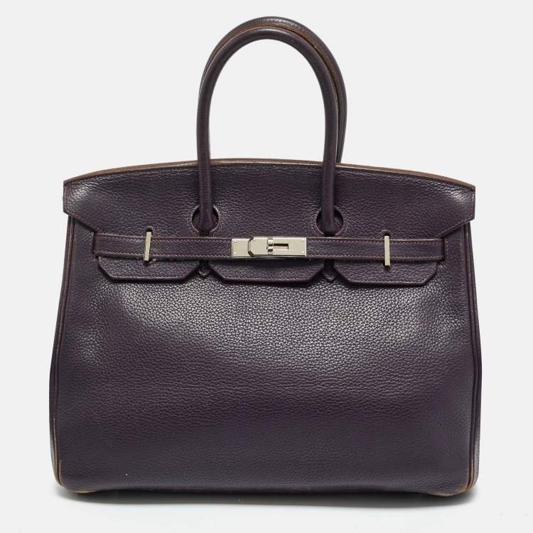 Pre Owned Hermes Raisin Togo Leather Palladium Finish Birkin 35 Bag