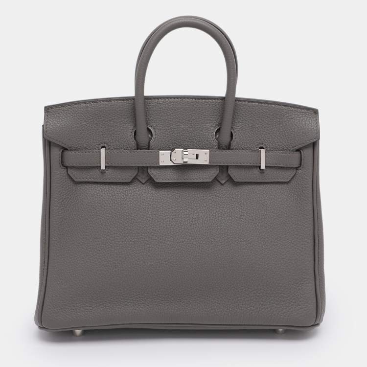 Pre Owned Hermès Grey Clemence Leather Palladium Finish Birkin 25 Bag