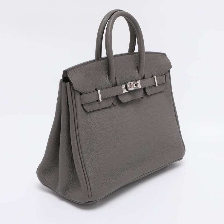 Pre Owned Hermès Grey Clemence Leather Palladium Finish Birkin 25 Bag