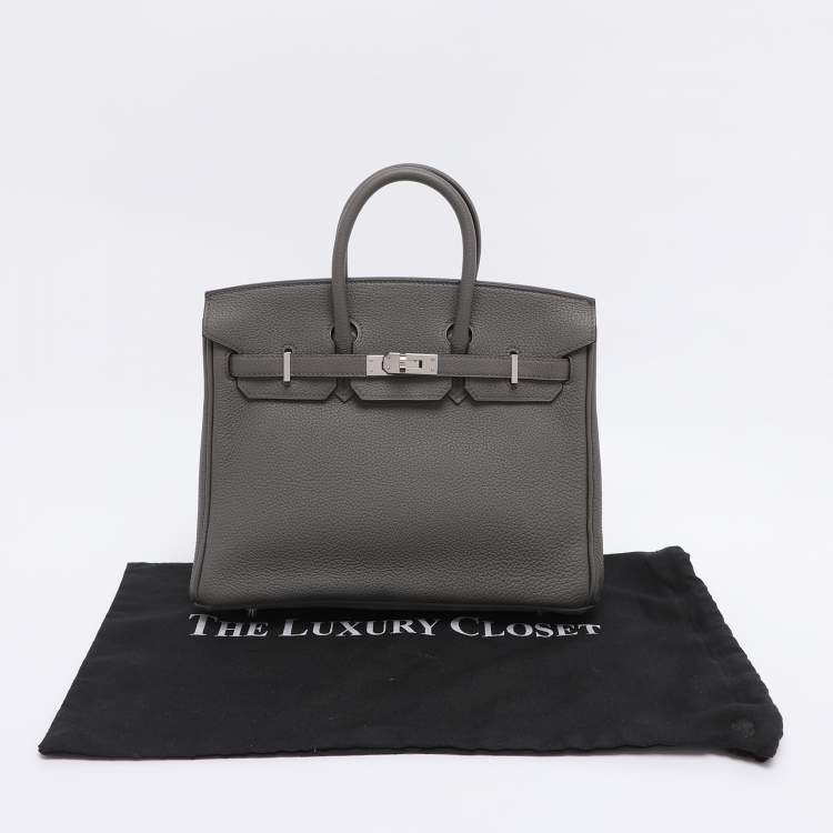Pre Owned Hermès Grey Clemence Leather Palladium Finish Birkin 25 Bag