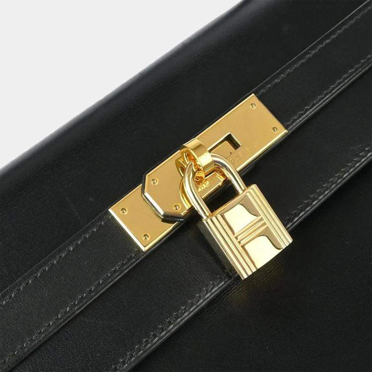 Pre Owned Hermes Kelly 32 Retourne Black Box Calf Handbag