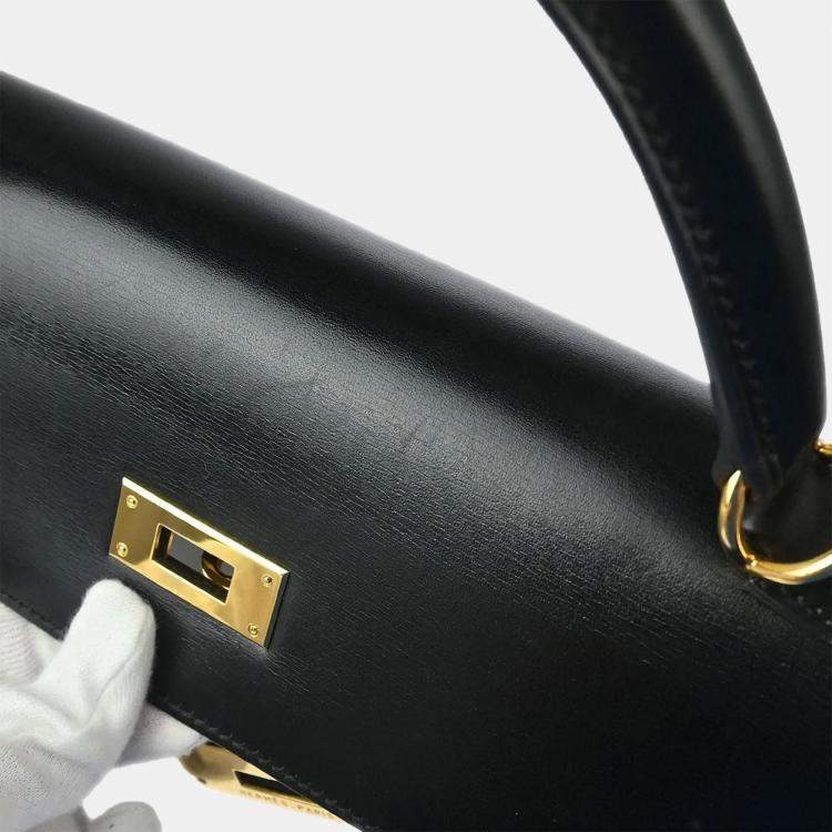 Pre Owned Hermes Kelly 32 Retourne Black Box Calf Handbag