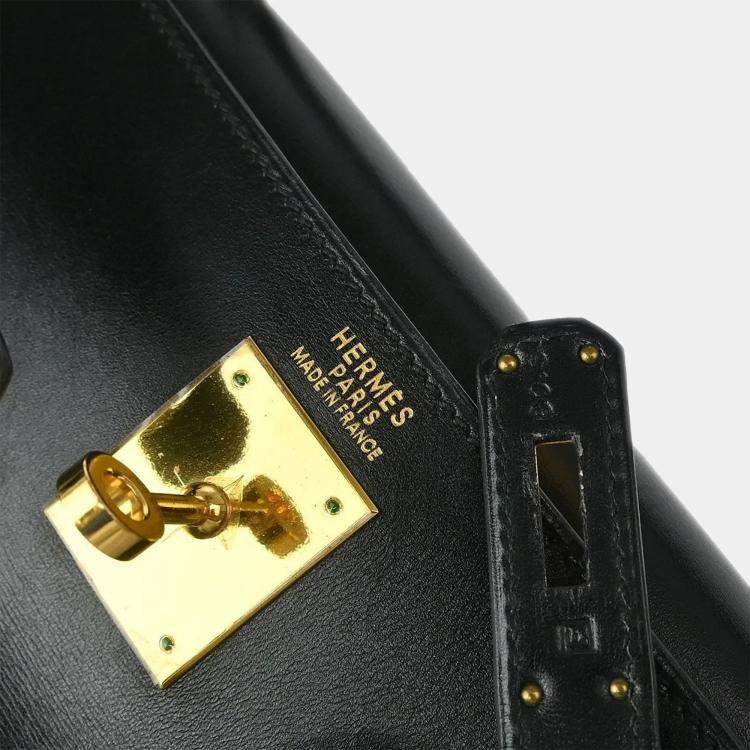 Pre Owned Hermes Kelly 32 Retourne Black Box Calf Handbag