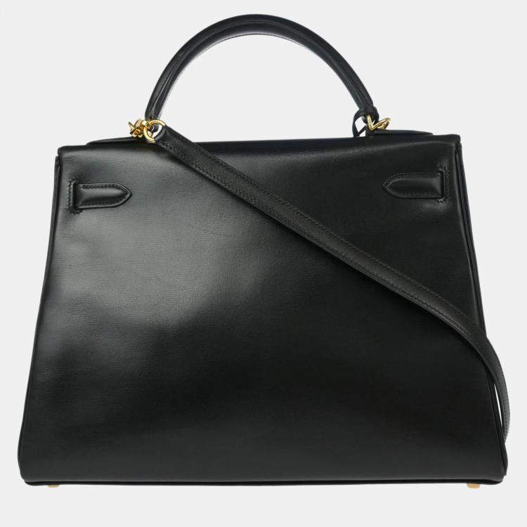 Pre Owned Hermes Kelly 32 Retourne Black Box Calf Handbag