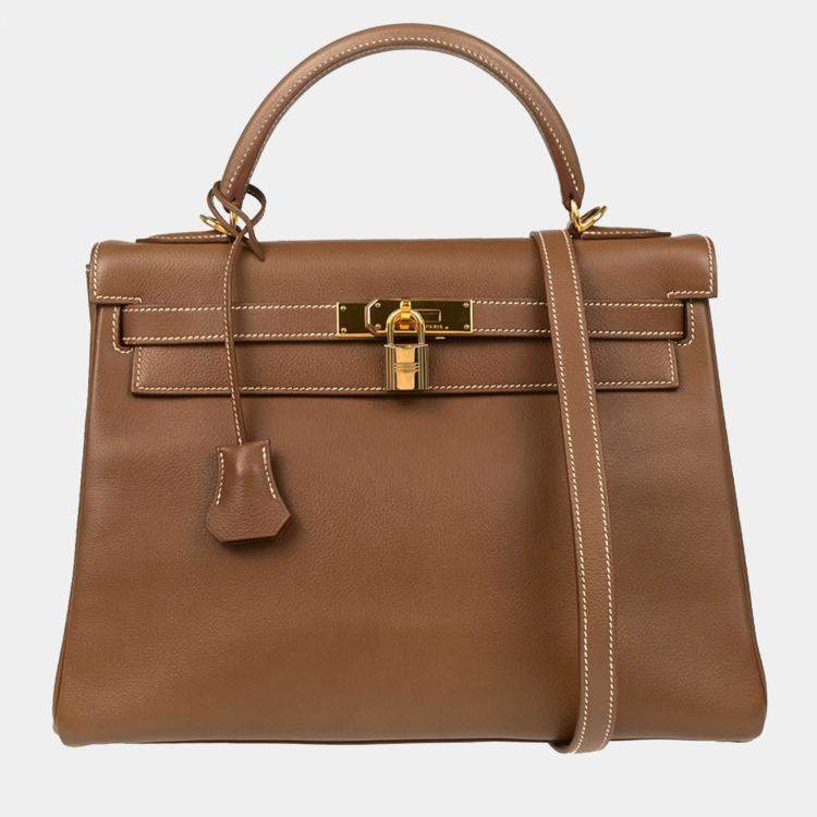 Pre Owned Hermes Kelly 32 Retourne Gold Veau Graine Leather Handbag