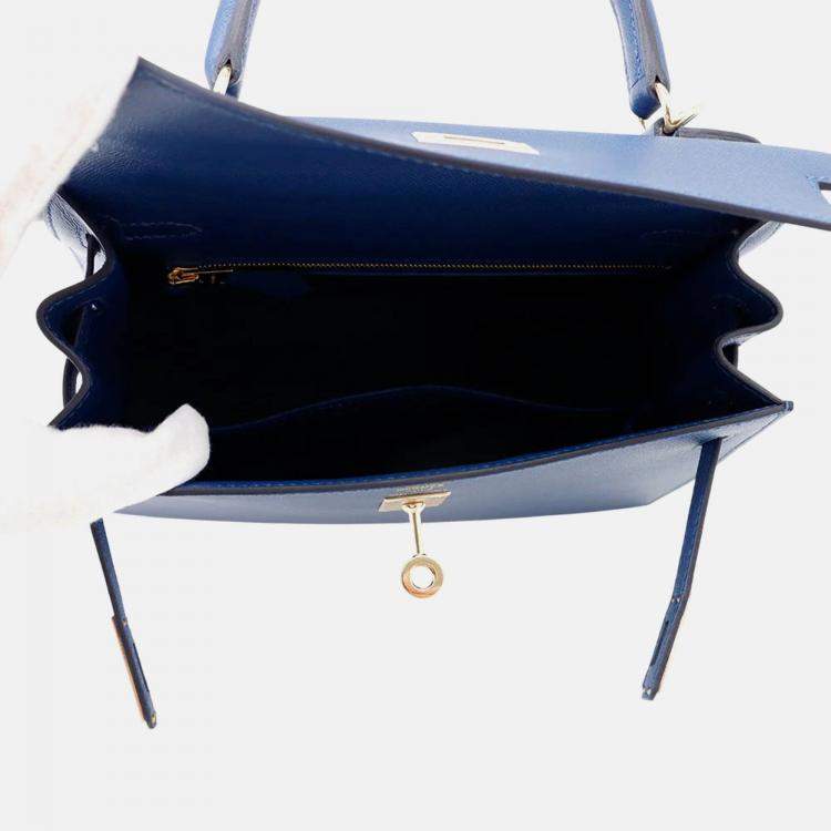 Pre Owned Hermes Kelly 25 Blue Tie Veau Madame Leather Shoulder Bag