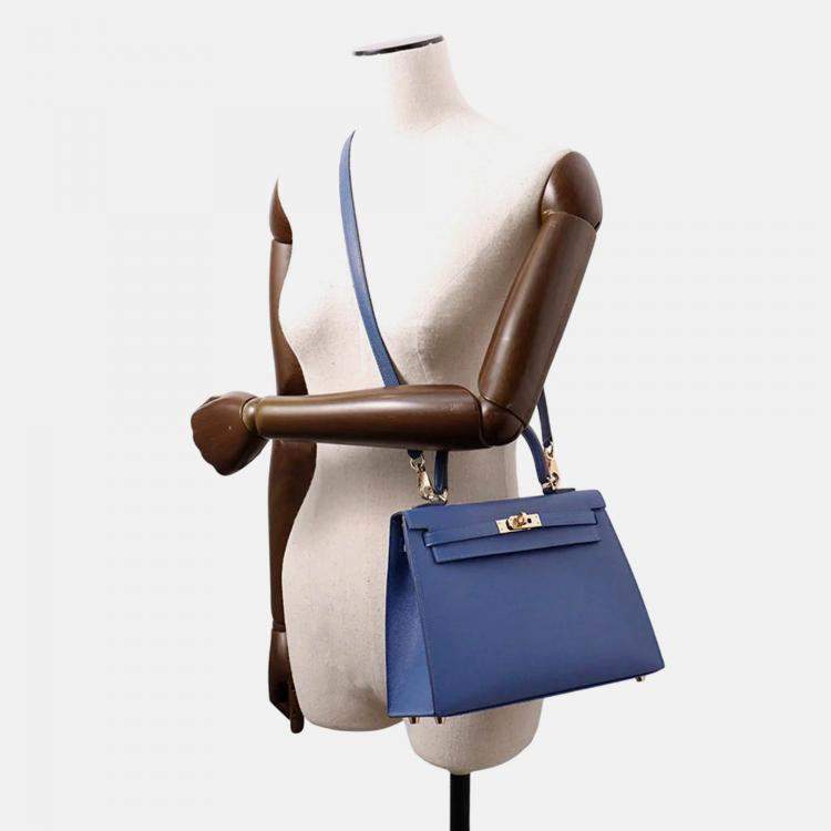 Pre Owned Hermes Kelly 25 Blue Tie Veau Madame Leather Shoulder Bag