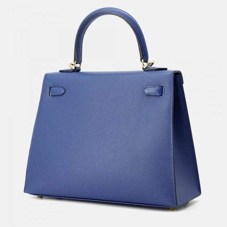 Pre Owned Hermes Kelly 25 Blue Tie Veau Madame Leather Shoulder Bag