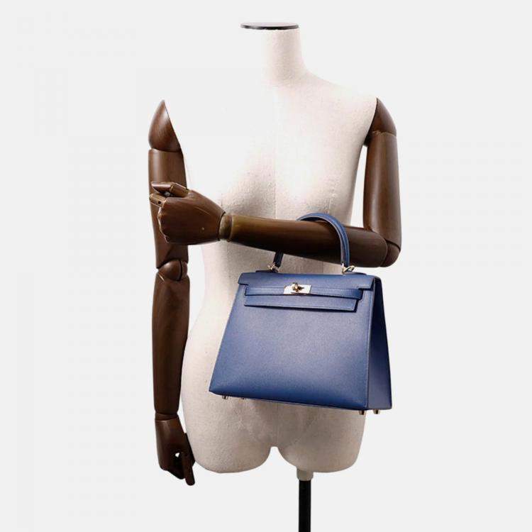 Pre Owned Hermes Kelly 25 Blue Tie Veau Madame Leather Shoulder Bag