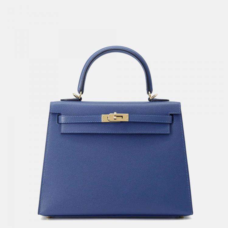Pre Owned Hermes Kelly 25 Blue Tie Veau Madame Leather Shoulder Bag