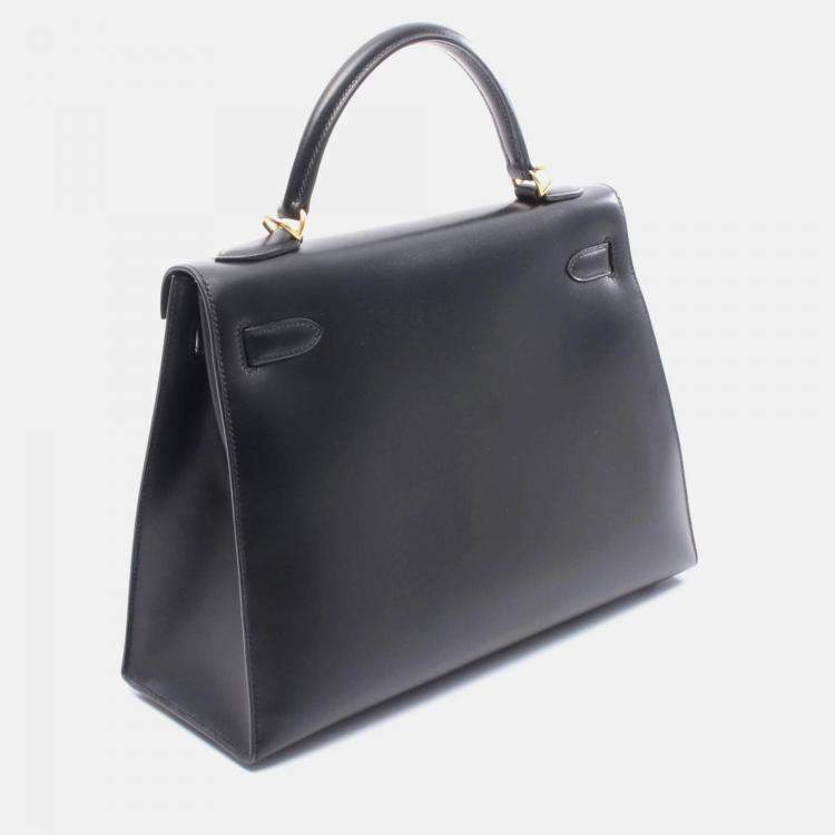 Pre Owned Hermès Kelly 32 Black Calf  Box Leather GHW Outside Stitch Handbag