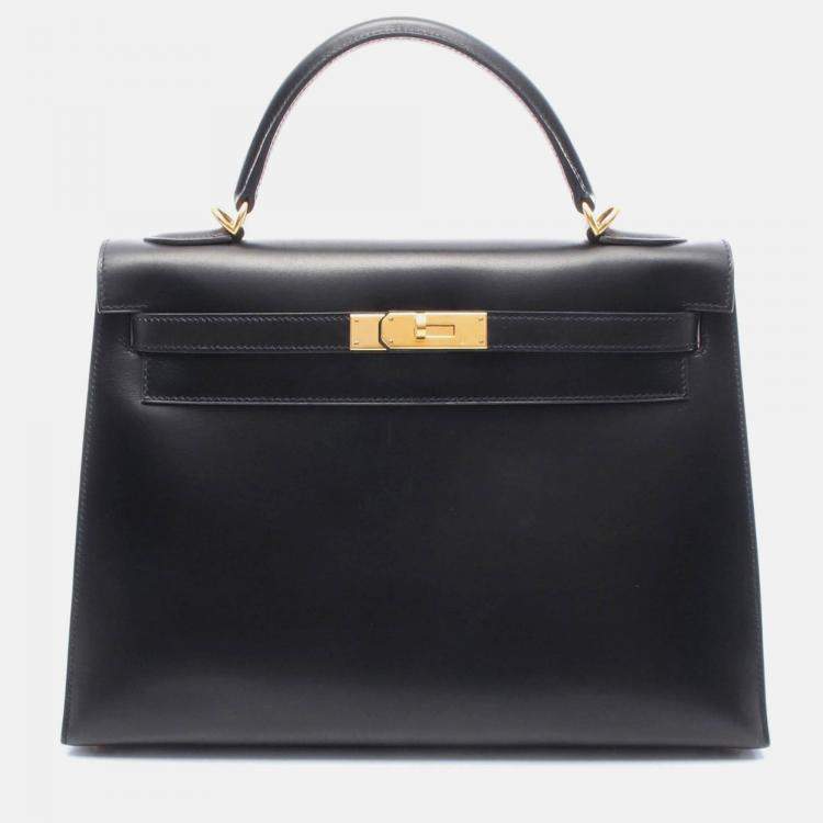 Pre Owned Hermès Kelly 32 Black Calf  Box Leather GHW Outside Stitch Handbag