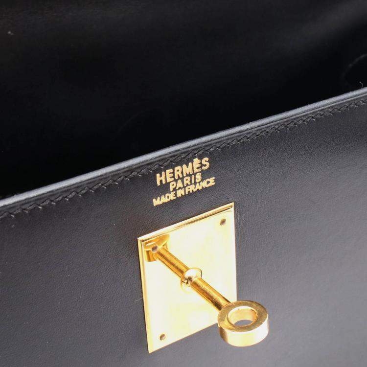 Pre Owned Hermès Kelly 32 Black Calf  Box Leather GHW Outside Stitch Handbag