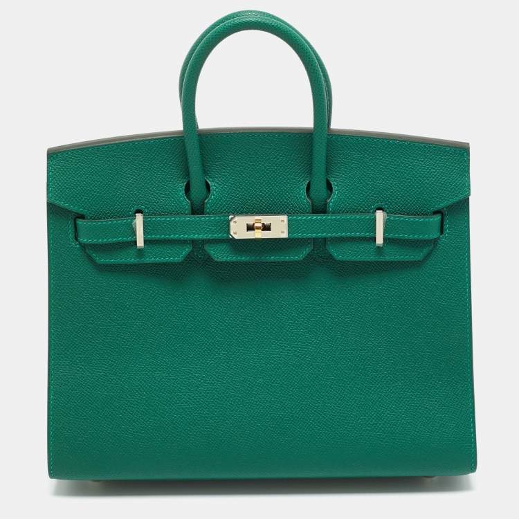 Pre Owned Hermes Vert Moyen Epsom Leather Electrum Finish Birkin Sellier 25 Bag