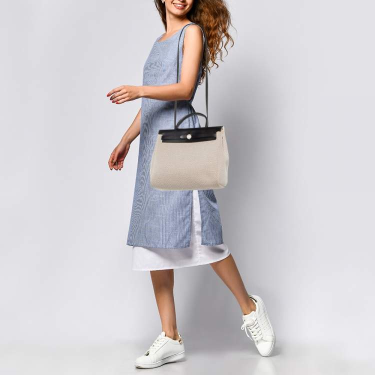 Pre Owned Hermès Black/Beige Toile Quadrille Herbag Zip 31 Bag