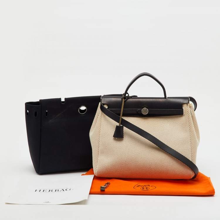 Pre Owned Hermes Black/Beige Toile and Vache Hunter Herbag Zip 31 Bag
