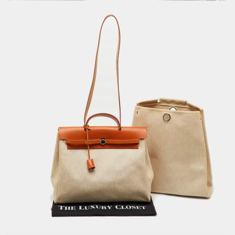 Pre Owned Hermes Ecru/Natural Toile and Vache Hunter 2-in-1 Herbag 39 Bag