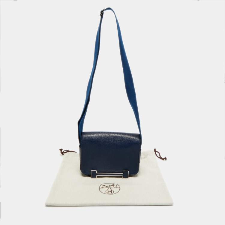 Pre Owned Hermes Bleu Navy Chevre Mysore Leather Palladium Finish Geta Bag