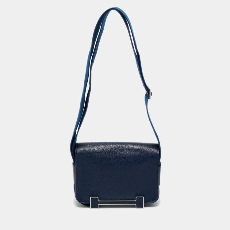 Pre Owned Hermes Bleu Navy Chevre Mysore Leather Palladium Finish Geta Bag