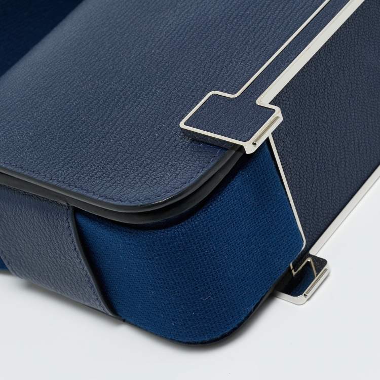 Pre Owned Hermes Bleu Navy Chevre Mysore Leather Palladium Finish Geta Bag
