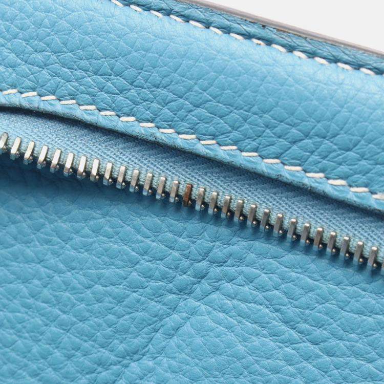 Pre Owned Hermes Frontier Clemence Leather Blue Jean B Handbag 