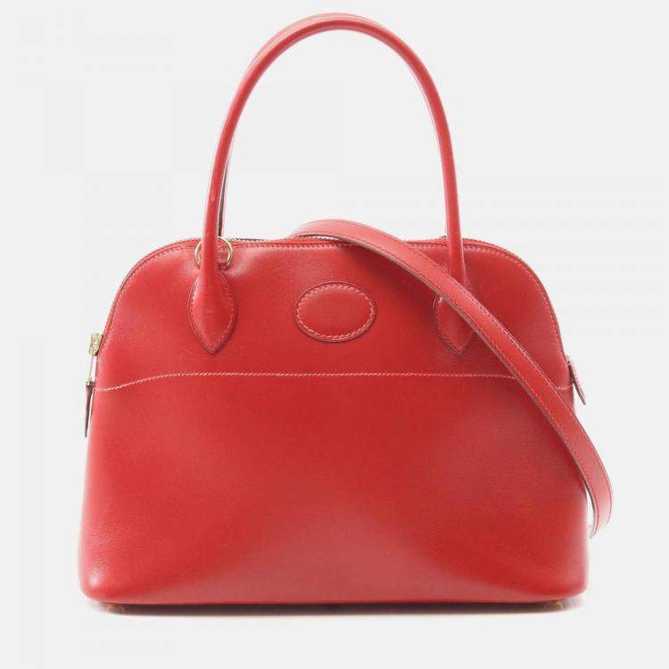 Pre Owned Hermes Bolide27 Rouge Vif Box Calf Handbag W GHW