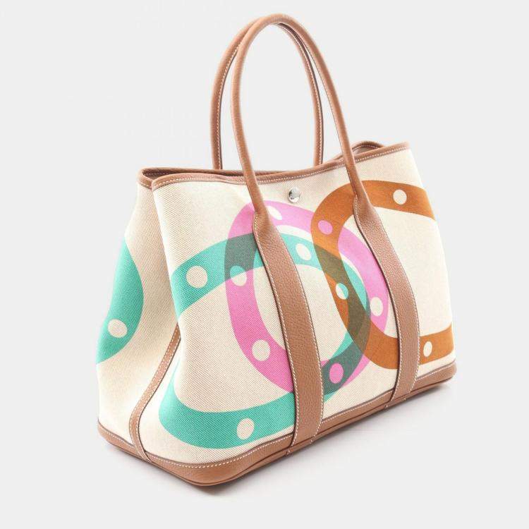 Pre Owned Hermes Garden Party Beige Toile H Canvas Negonda Leather Tote PM