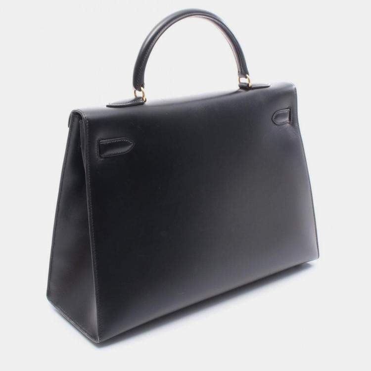 Pre Owned Hermes Kelly 35 Black Box Calf Leather Handbag