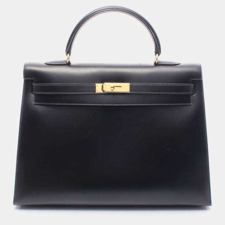 Pre Owned Hermes Kelly 35 Black Box Calf Leather Handbag