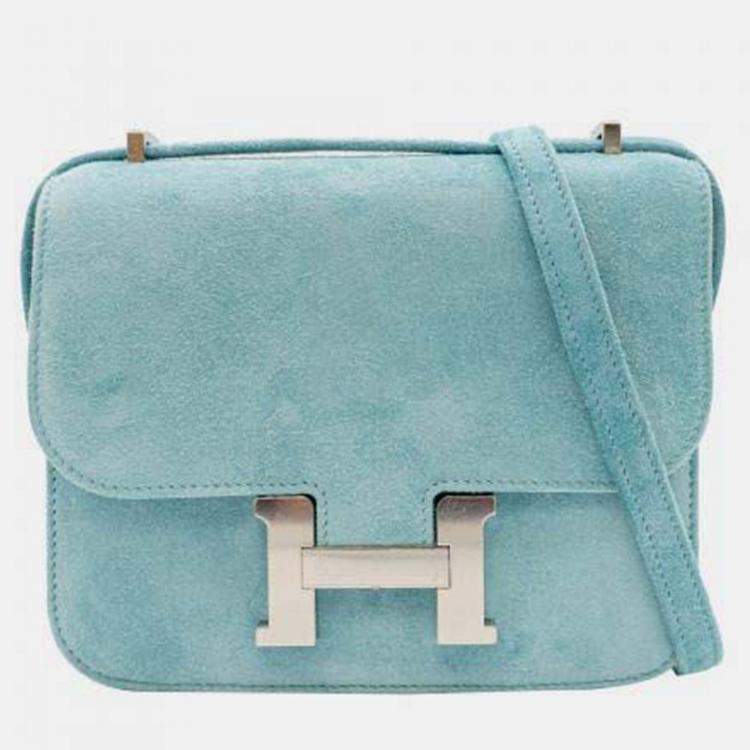 Pre Owned Hermes Doblis Constance 18 Bleu Atoll Suede Shoulder Bag PHW