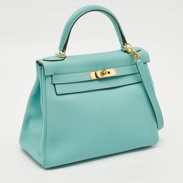 Pre Owned Hermes Bleu Atoll Togo Leather Gold Finish Kelly Retourne 28 Bag