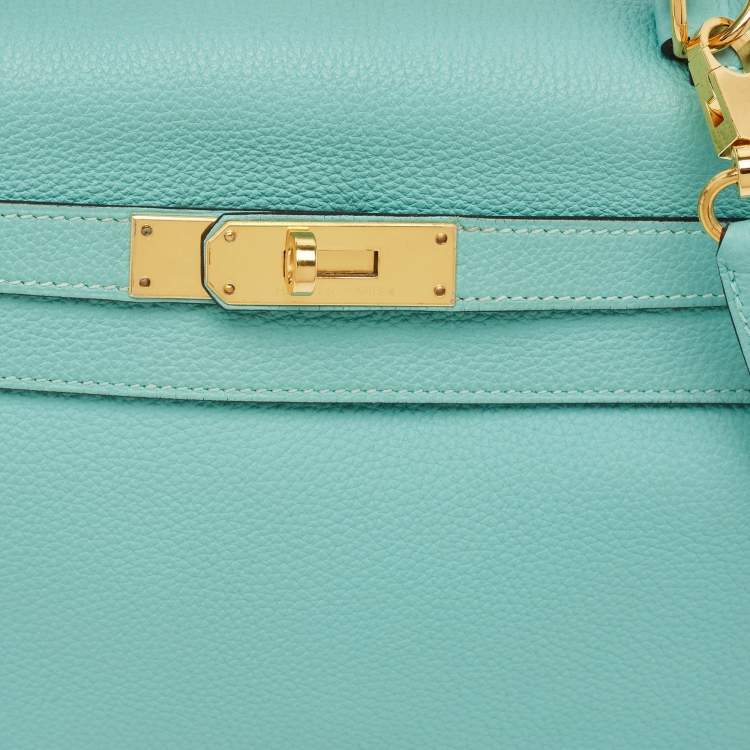 Pre Owned Hermes Bleu Atoll Togo Leather Gold Finish Kelly Retourne 28 Bag