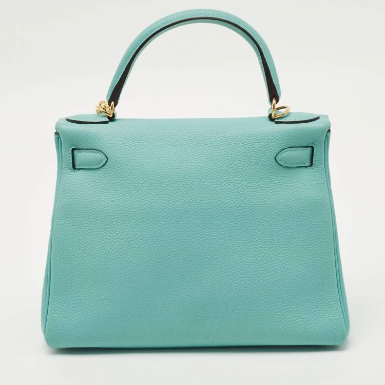 Pre Owned Hermes Bleu Atoll Togo Leather Gold Finish Kelly Retourne 28 Bag