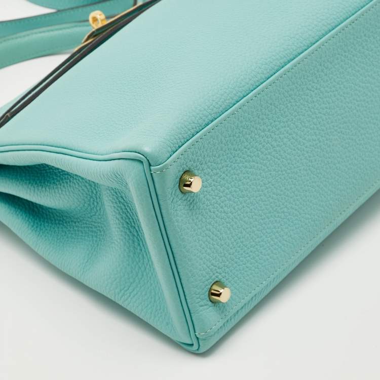 Pre Owned Hermes Bleu Atoll Togo Leather Gold Finish Kelly Retourne 28 Bag