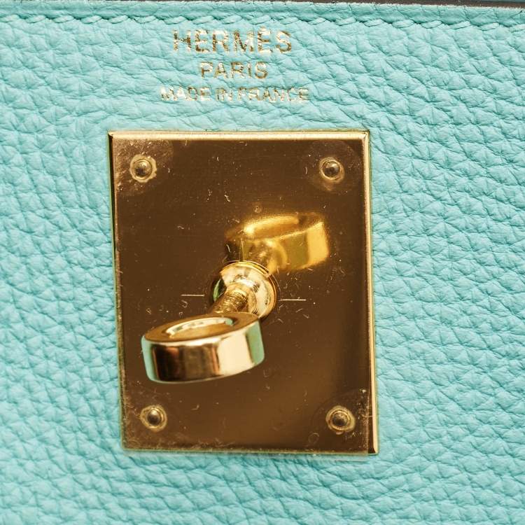 Pre Owned Hermes Bleu Atoll Togo Leather Gold Finish Kelly Retourne 28 Bag