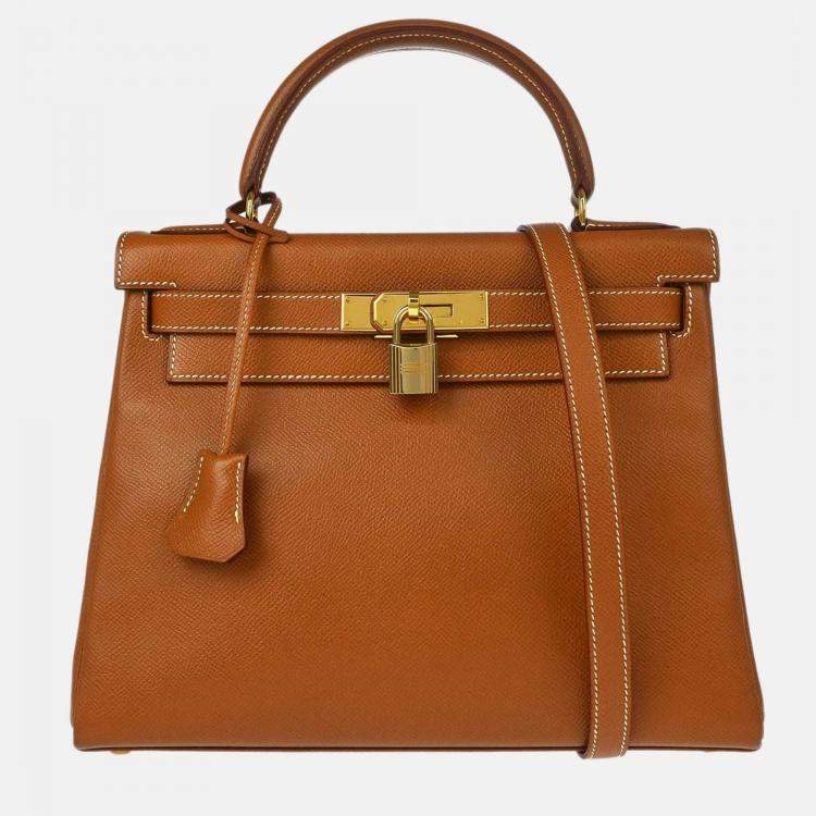 Pre Owned Hermes Kelly 28 Retourne Gold Courchevel Handbag