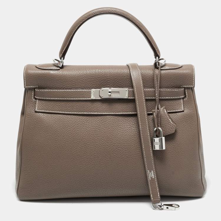 Pre Owned Hermes Etoupe Togo Leather Palladium Finish Kelly Retourne 32 Bag